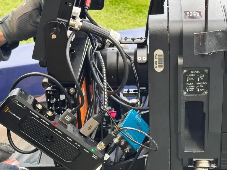 放送用レンズのリグに接続された Blackmagic ドックと Cyanview RIO